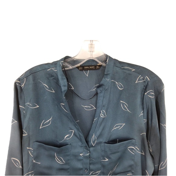 ZARA BASIC Leaf Print Teal Satin Henley Top Sz M - Picture 2 of 7